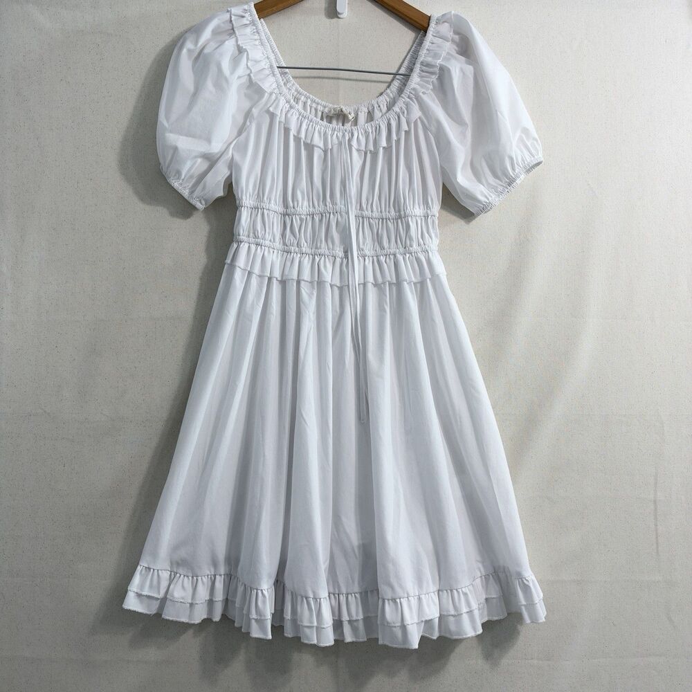 Just Found White Puff Sleeve Midi Dress Small Ruffle Smocked Cottagecore